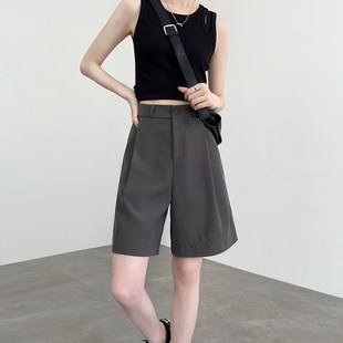 夏季 女2024新t款 薄款 高腰a字宽松冰丝直筒中裤 灰色西装 五分裤 短裤