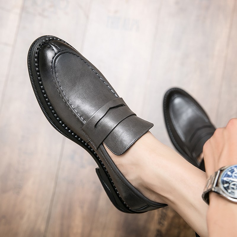 灰色男鞋英伦风男士皮鞋商务正装发型师一脚蹬韩版休闲影楼拍照鞋