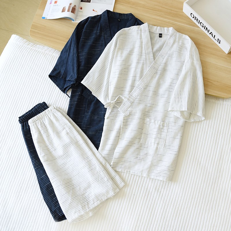 夏季汉服睡衣男款纯棉纱布短袖短裤薄款宽松空调服日系和服汗蒸服