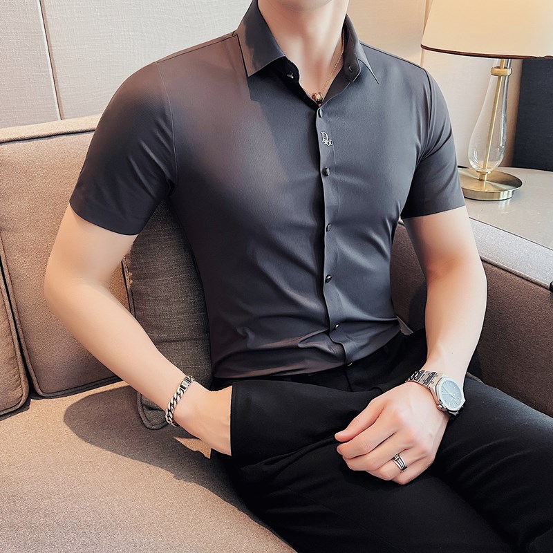 细条纹衬衫男士短袖潮牌免烫抗皱衬衣半袖薄款高弹力修身坠感寸衫