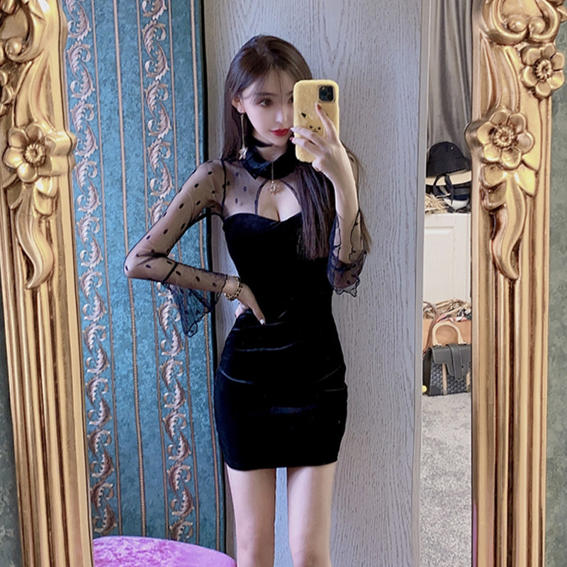 热销网红主播服装女上镜名媛气质性感低胸网纱拼接金丝绒包臀连衣