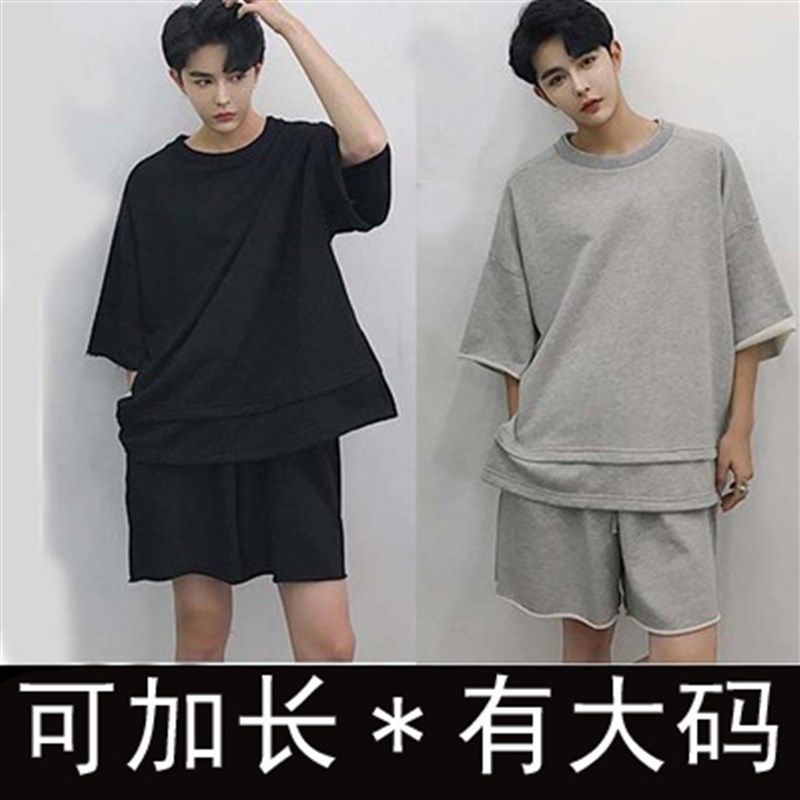 *夏季男装新款!纯棉弹力加肥加大码!男士短袖短裤套装运动套装