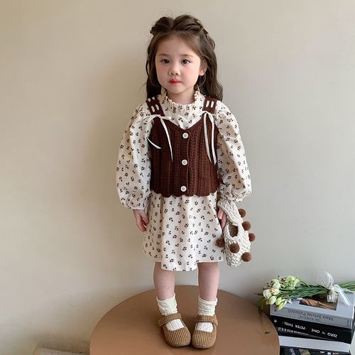 女童春秋连衣裙套装2024新款女宝韩版洋气背心碎花裙儿童秋装裙子
