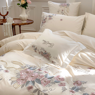 法式 风120支长绒棉四件套田园浪漫花卉刺绣被套柔软纯棉床上用品