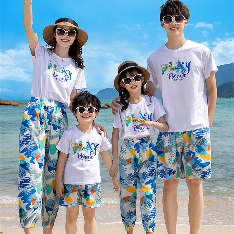 现货亲子装夏装j一家三口四口全家装洋气母女装三亚度假沙滩防蚊