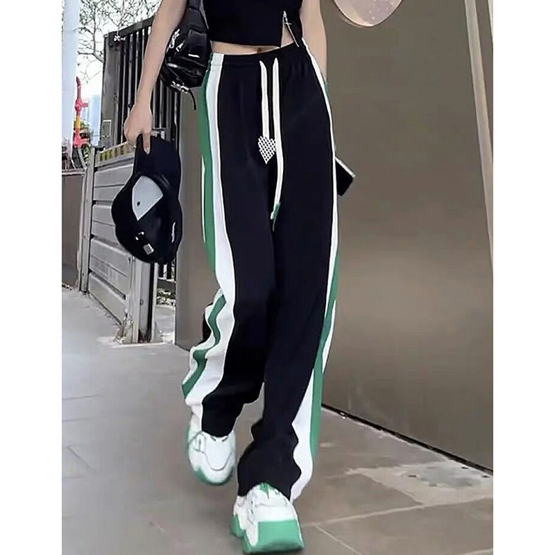 阔腿裤女夏季薄款2023年新款高腰垂感直筒宽松大码休闲条纹运动裤