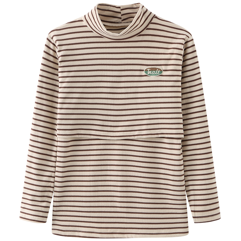 产后哺乳上衣冬款德n绒打底衫外出辣妈款秋衣条纹高领外穿喂奶衣