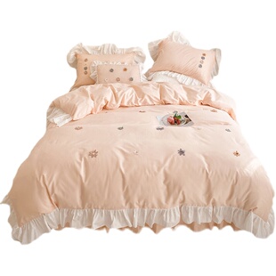 夏季 粉色全棉纯棉四件套公主风被套荷叶边床裙少女心床上用品裸睡