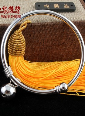 纯手工定制990纯银细手镯可调节 纯银手镯男女款实心光面可加铃铛