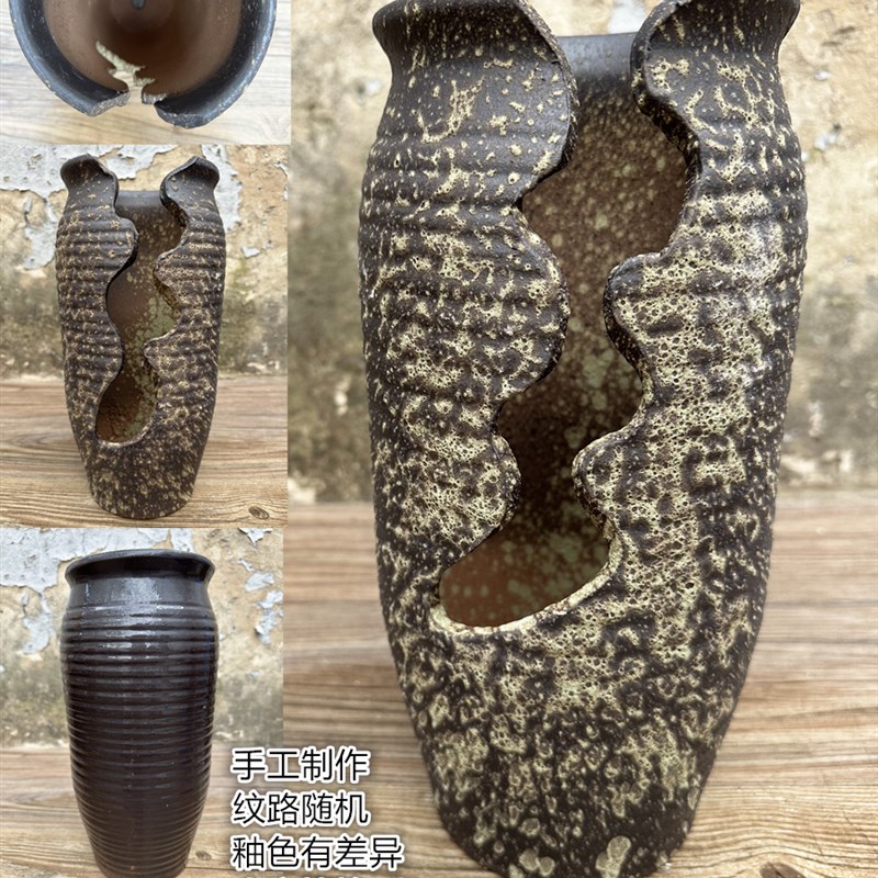 手工陶艺透e气粗陶土陶罐子破口高筒大号法师多肉绿植花盆花瓶切