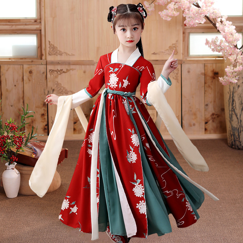 女童春装汉服裙子中国风新款儿童唐装春i秋古装女孩襦裙连衣裙红