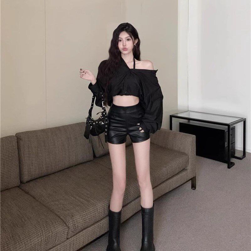 2024春秋新款高腰皮裤女外穿紧身E性感包臀短裤打底A字靴裤热裤