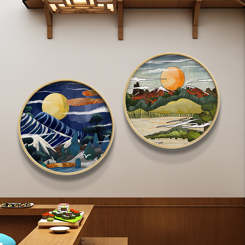 日式餐厅装饰圆形和风浮世绘挂画料理店背景墙面烤肉店剧本杀壁画图片