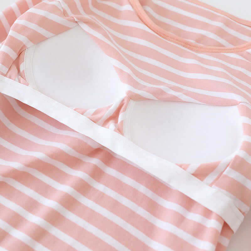 带胸垫睡衣女春秋季条纹长袖休闲可出门家居服套装罩杯一体