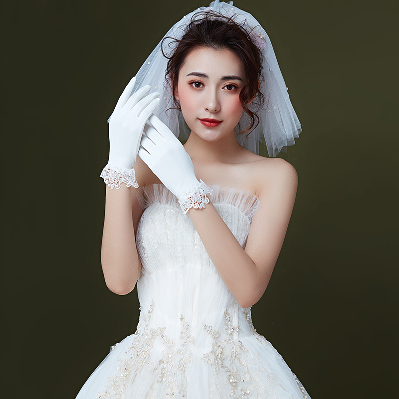 新款韩式新娘结婚婚纱礼服配件婚礼宴会短款复古缎面蕾丝拍照手套