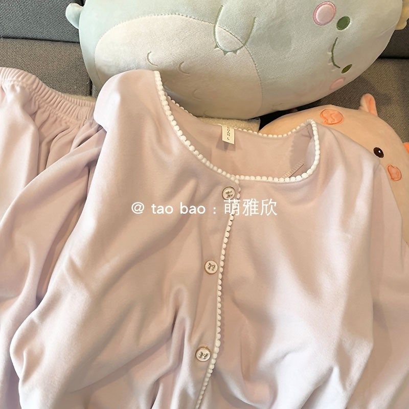 圆领紫色睡衣女款春秋冬季磨毛德绒加厚长袖套装休闲可外穿家居服