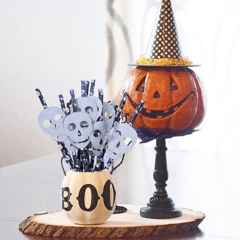 极速25pcs Halloween Paper Straws Pumpkin Ghost Bat stripe