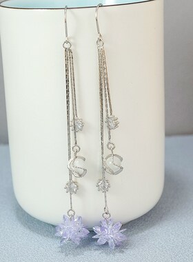 s925纯银长款紫色冰花猫眼石耳环气D质流苏弯钩耳线防丢耳饰593EX