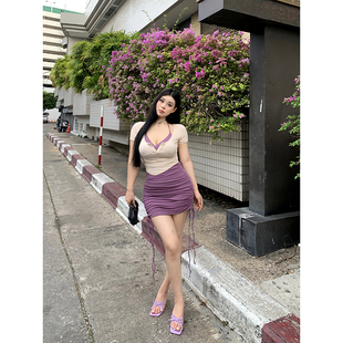 黑泽玄七微胖mm2023夏季新款大码显瘦多巴胺辣妹挂脖吊带连衣裙女