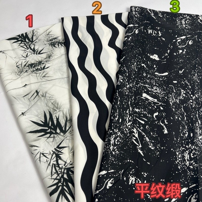 平纹缎黑白印花雪纺面料个性简约风夏季连衣裙装衬衫上衣服装布料