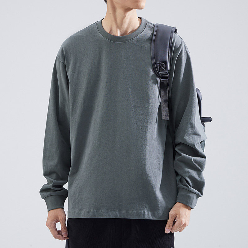 重磅长袖T恤男纯棉纯色宽松春秋款卫衣圆领白色内搭打底衫男