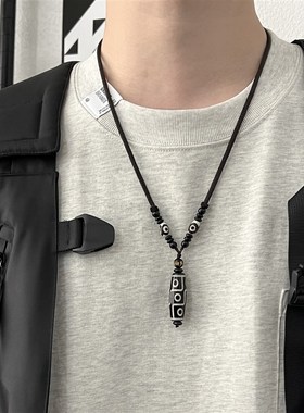新中式国潮陶瓷天珠项链男潮藏式复古黑白色小众设计感百搭吊坠
