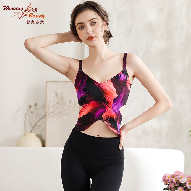普拉提瑜伽服新款花色锦纶紧身吊带镂空美背瑜伽背心2F011