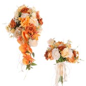 新娘仿真花橘色色调水滴手捧花人造蝴蝶K兰新娘手捧花户外拍摄道