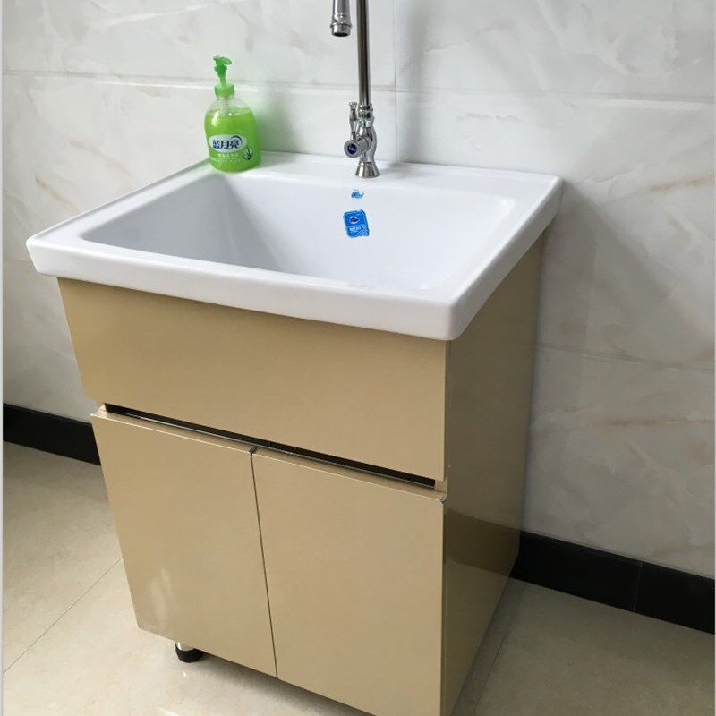 新款加厚不锈钢洗衣柜落地阳台洗衣池浴室柜陶瓷盆洗漱台水池台槽