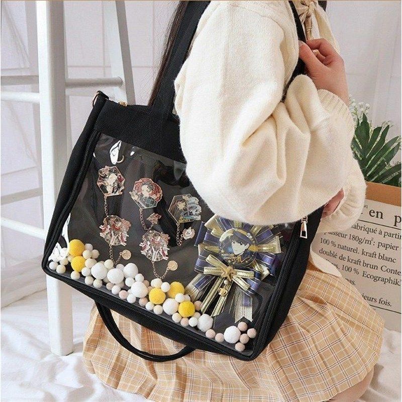 痛包大容量斜挎单肩包日系式女学生帆布包百搭上课娃包少女透明pu