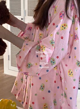 甜甜粉冰淇淋双层纱早秋卡通宽松长袖居家服睡衣套装女