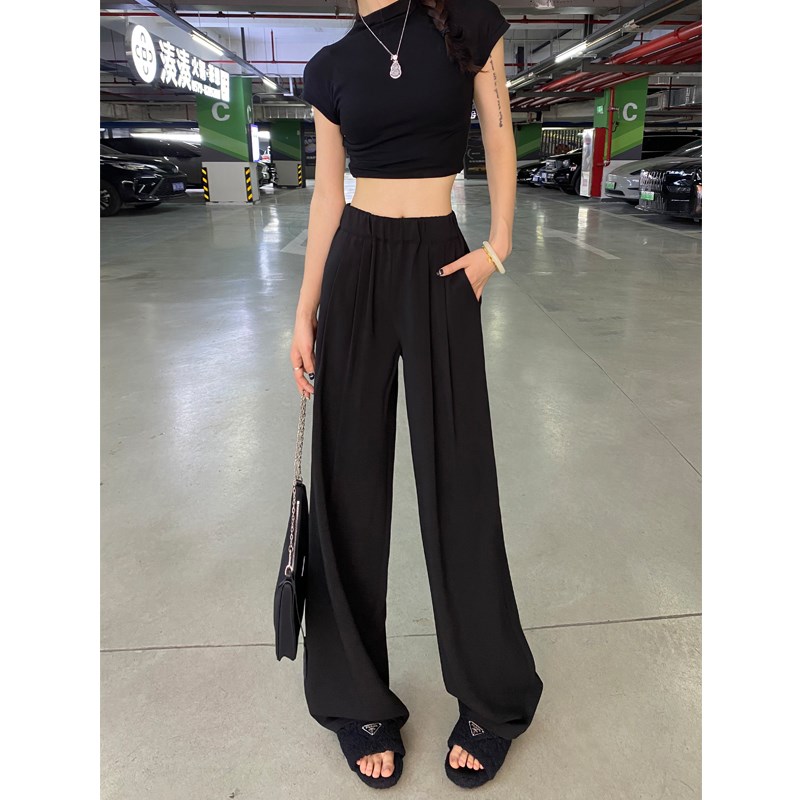 卡其阔腿裤子女h夏季薄款垂感宽松慵懒风新中式亚麻冰丝休闲山本