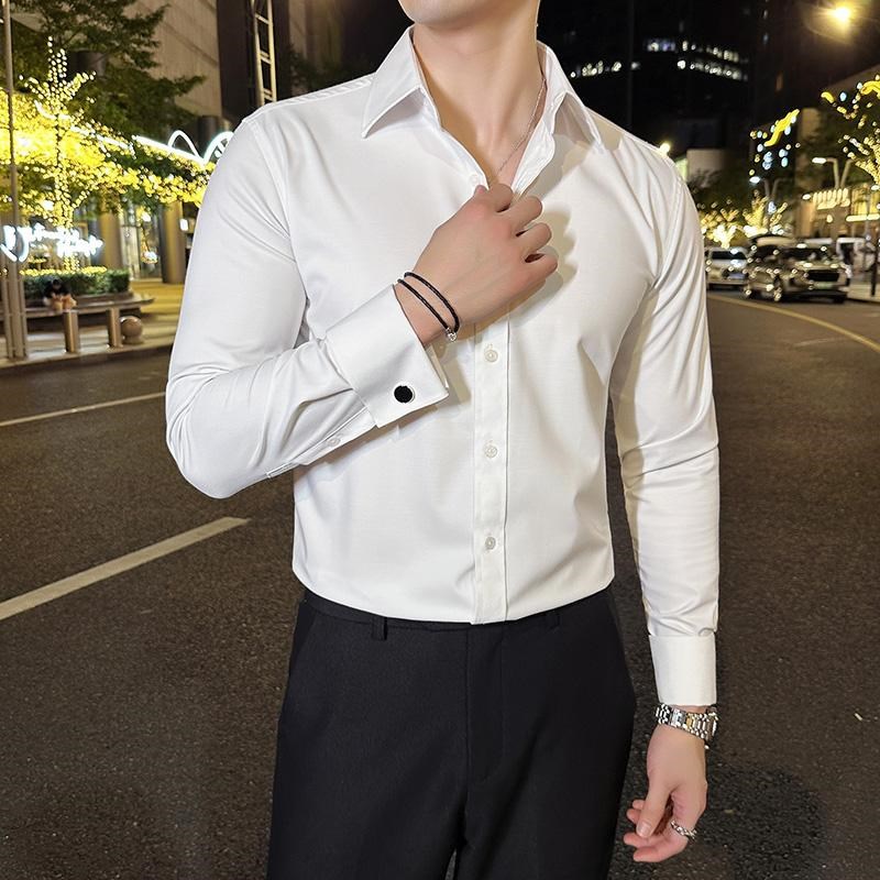 高级感绅士法式带袖扣衬衫男长袖新E郎结婚正装大尖领衬衣宴会礼