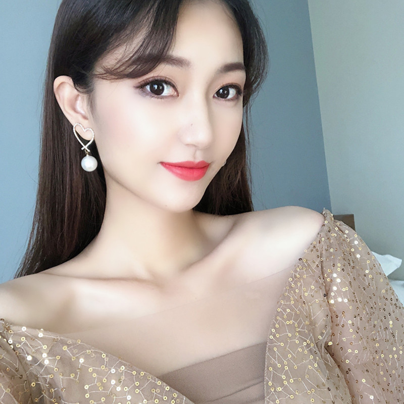 珍珠耳饰女圆脸显瘦高级感耳环网红粉色爱心长耳坠仙气森系超仙女