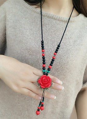 民族风花朵毛衣链挂件项链红色简约吊坠汉服复古装配饰品百搭长款