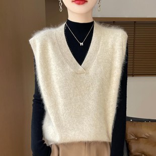 100%纯山羊绒马甲女V领无袖 叠穿坎肩上衣 拉绒毛衣背心宽松羊毛衫