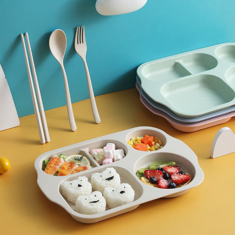 现货小麦秸秆餐具六件套创意家用学生分格餐盘汤碗杯勺套装