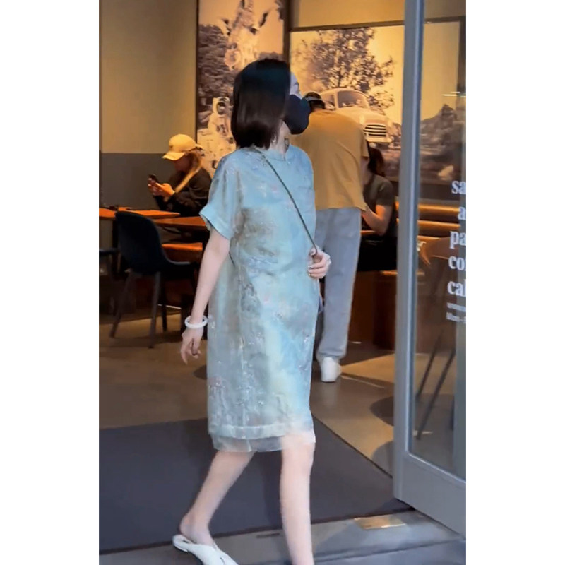 2023新款梨型身材微胖穿搭新中式国风改良旗袍法式蓝色洋装女夏