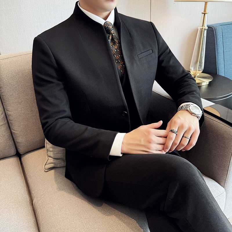 春季男士毛呢立领中式西装套装韩版修身时尚宴会礼服西服三件套男