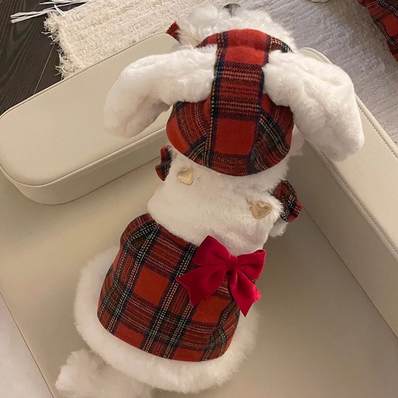 现货格纹狗狗衣服圣诞节保暖可爱兔子吊带变身装小型犬泰迪宠物狗
