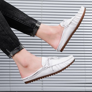 男款白色豆豆鞋半托懒汉无后跟逗逗E潮流发型师懒人拖鞋休息鞋皮