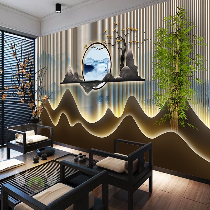 3d新中式山水扣板竹木纤维集成墙板客厅沙发护墙板酒店茶室背景墙