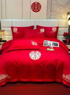 5YK简约婚庆四件套大红色红花喜被罩床单笠新结T婚房嫁礼床上用品