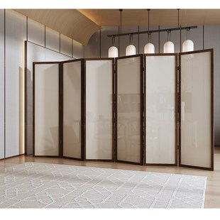 新中式实木折叠移动屏风隔断茶室民宿酒店乔其纱半透遮挡空白定制