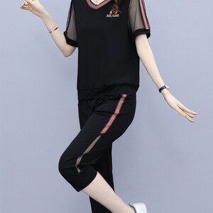 香港潮牌大码女装运动服女夏季新款短袖 七分裤时尚宽松休闲套装