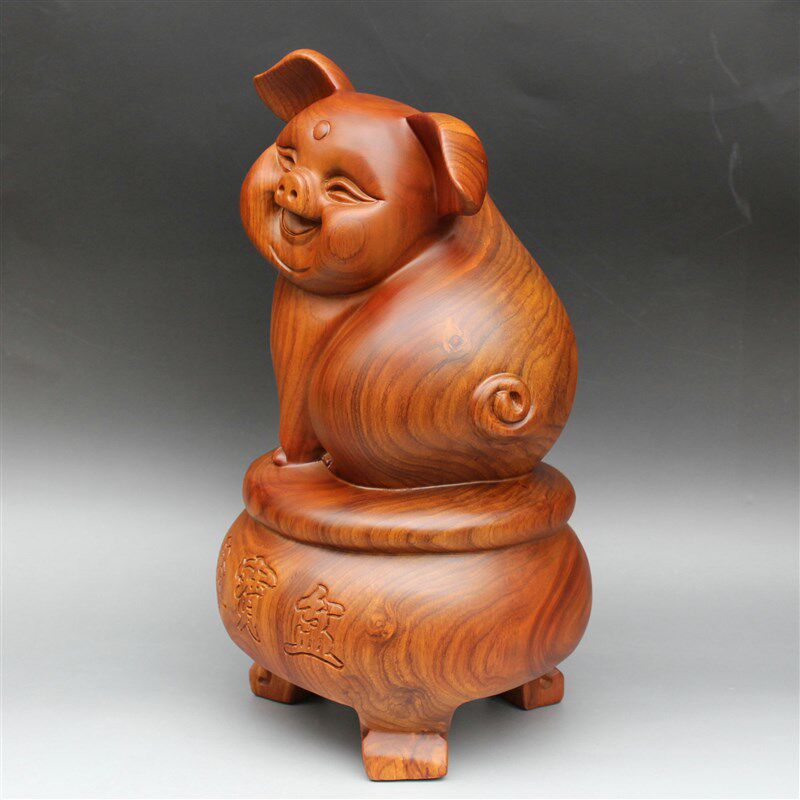 花梨木雕刻发财金猪摆件r红木福猪生肖动物玄关家居仿古工艺品装