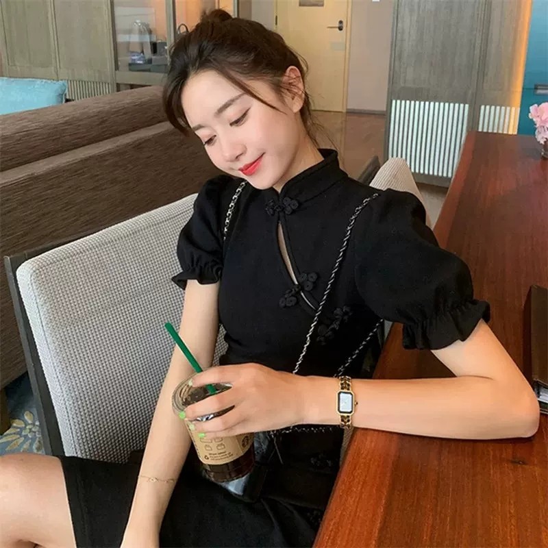 欧洲站夏装新款改良版旗袍裙子新中式黑色赫本风泡泡袖显瘦连衣裙