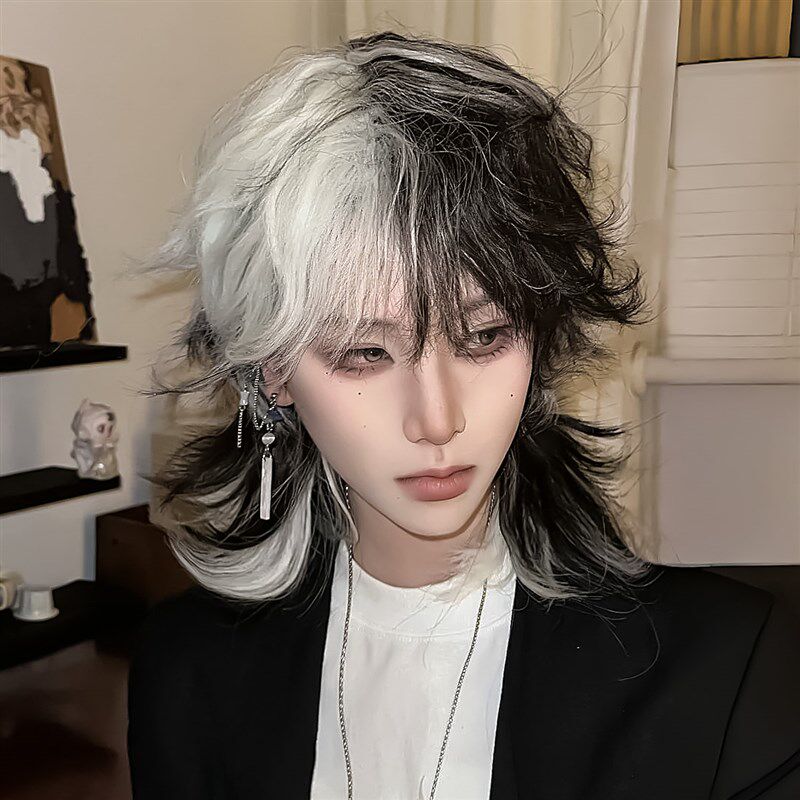 假发男生短发网红黑白阴阳头狼尾鲻鱼头地雷系男士中长发全头套式