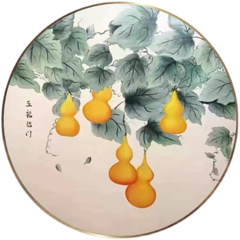 手绘油画新中式葫芦圆形玄关挂画走廊过道客厅装饰画轻奢餐厅壁画图片