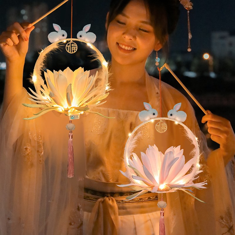 OF9D202g3新款元宵节兔子小灯笼挂饰DIY手工制作材料儿童手提发光